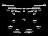 Against a dark background, 2 large white hands (palms upward) mysteriously hover and invite us to approach. Floating between the hands is a bright yellow cross; the cross resembles a human figure; the large white hands resemble angelic wings belonging to the figure.

  Floating beneath the hands are 7 fried eggs arranged in a circle, all sunny side up. Together, they vaguely suggest the bottom of a robe belonging to the figure floating above.